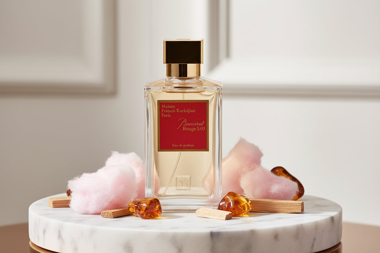 Flat lay of Baccarat Rouge 540 perfume bottle with cotton candy and amber, highlighting the Maison Francis Kurkdjian scent.