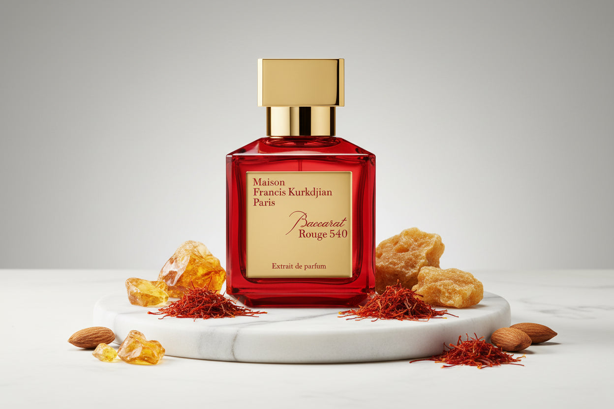 Baccarat Rouge 540 Extrait price displayed with luxurious perfume bottle and aromatic ingredients.